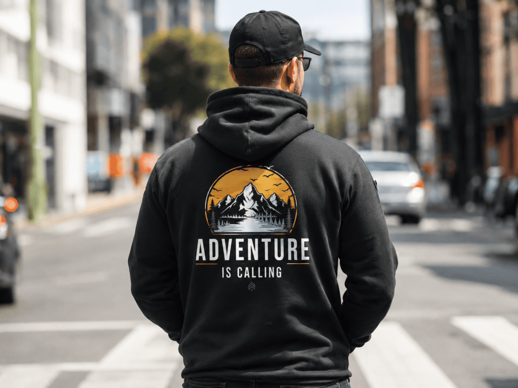 Black custom hoodie with adventure back print design