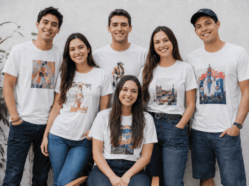 Group of friends wearing custom photo print T-shirts