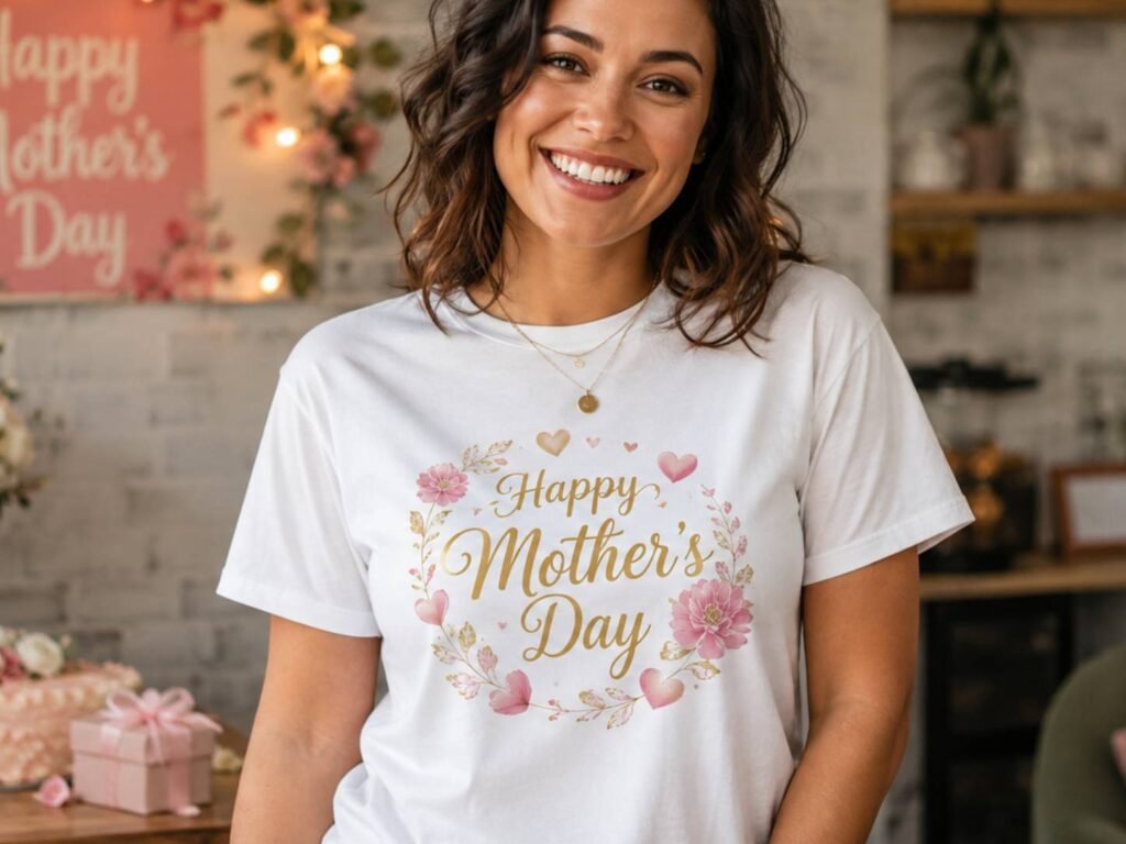 Woman wearing Happy Mother’s Day custom T-shirt