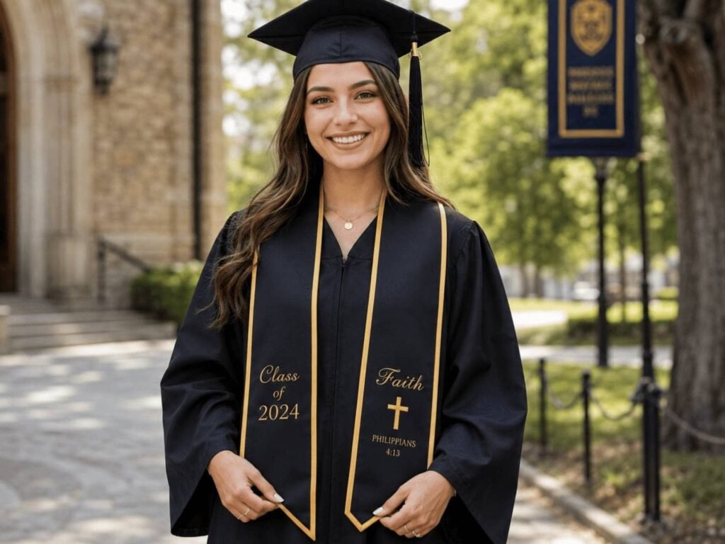 Graduate wearing personalized black and gold graduation stole